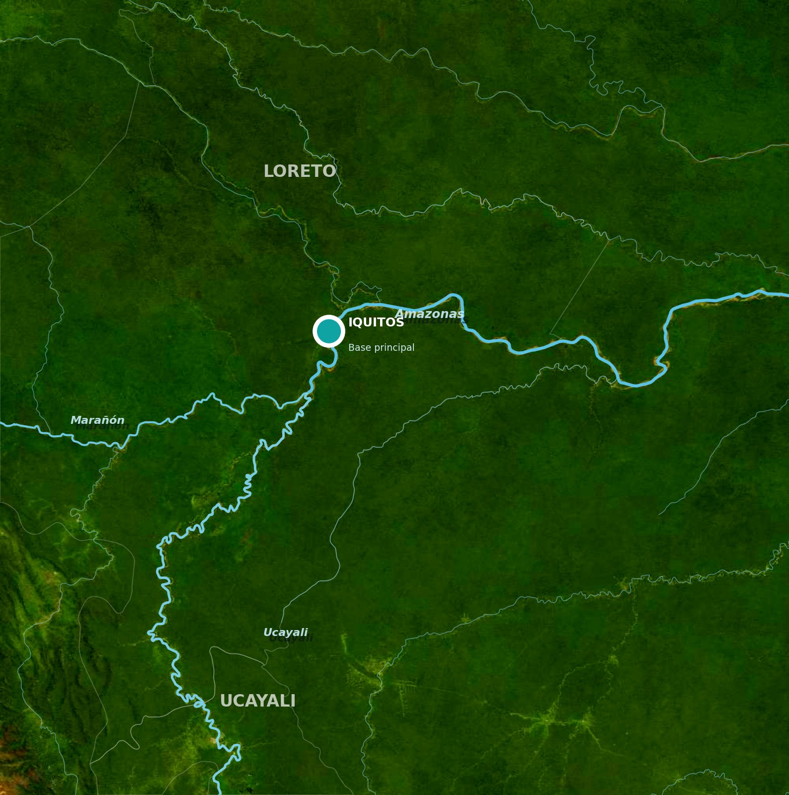 Mapa de la Amazonía peruana: sistema fluvial de Loreto y Ucayali con Iquitos como base operativa de ÁLVEO